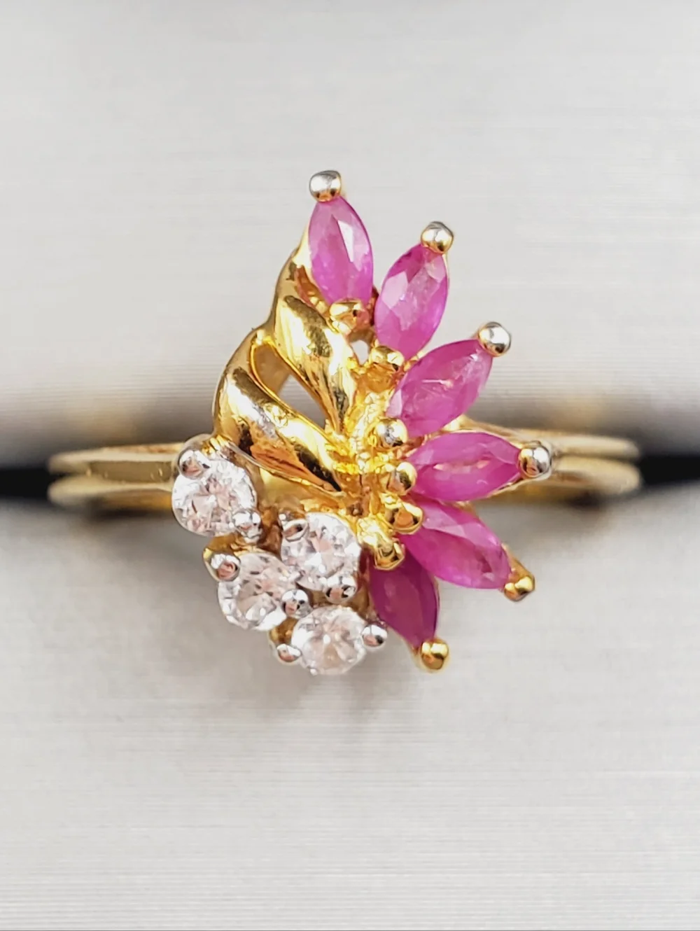 Genuine Marquise Pink Ruby - Simulated Diamonds - 18k Yellow Gold Plated Ring